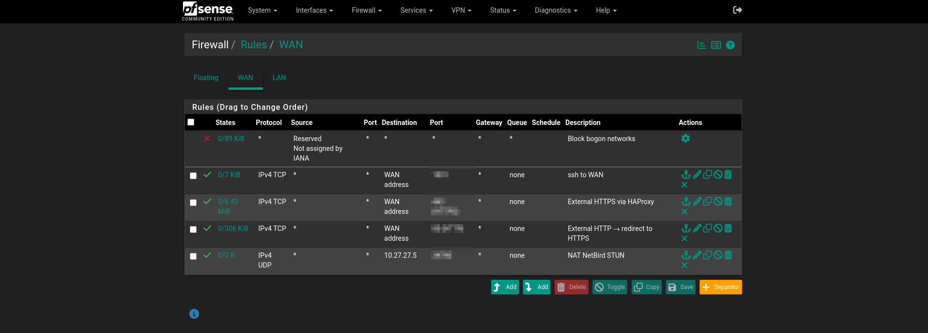 pfSense WAN rules: SSH management, HTTPS via HAProxy, HTTP redirect, NetBird STUN, bogon block