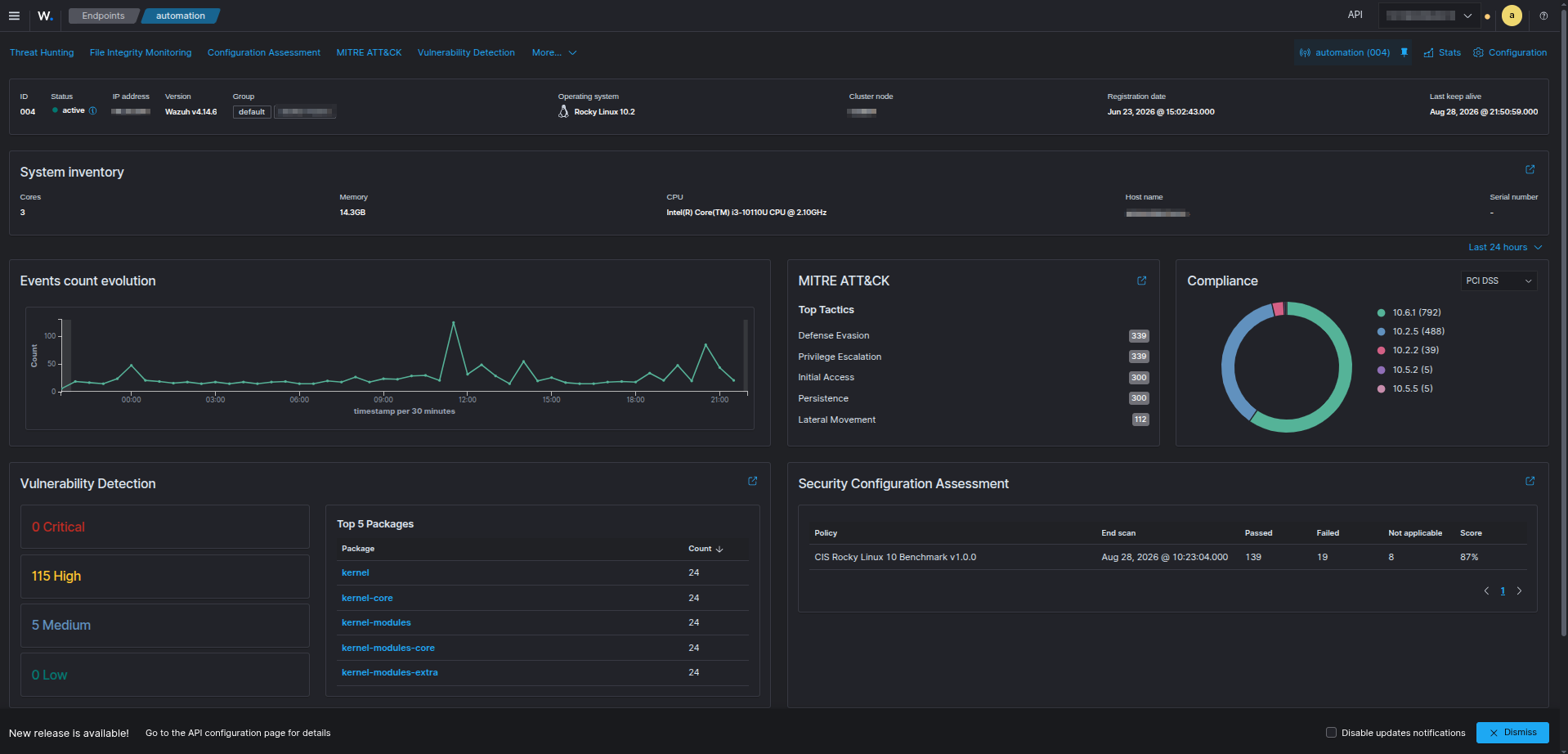 A real Wazuh endpoint dashboard: CIS Rocky Linux 10 Benchmark compliance at 87% (139 passed, 19 failed, 8 not applicable) — below 100%, exactly the accepted-tradeoff case described above, not a perfect score being claimed