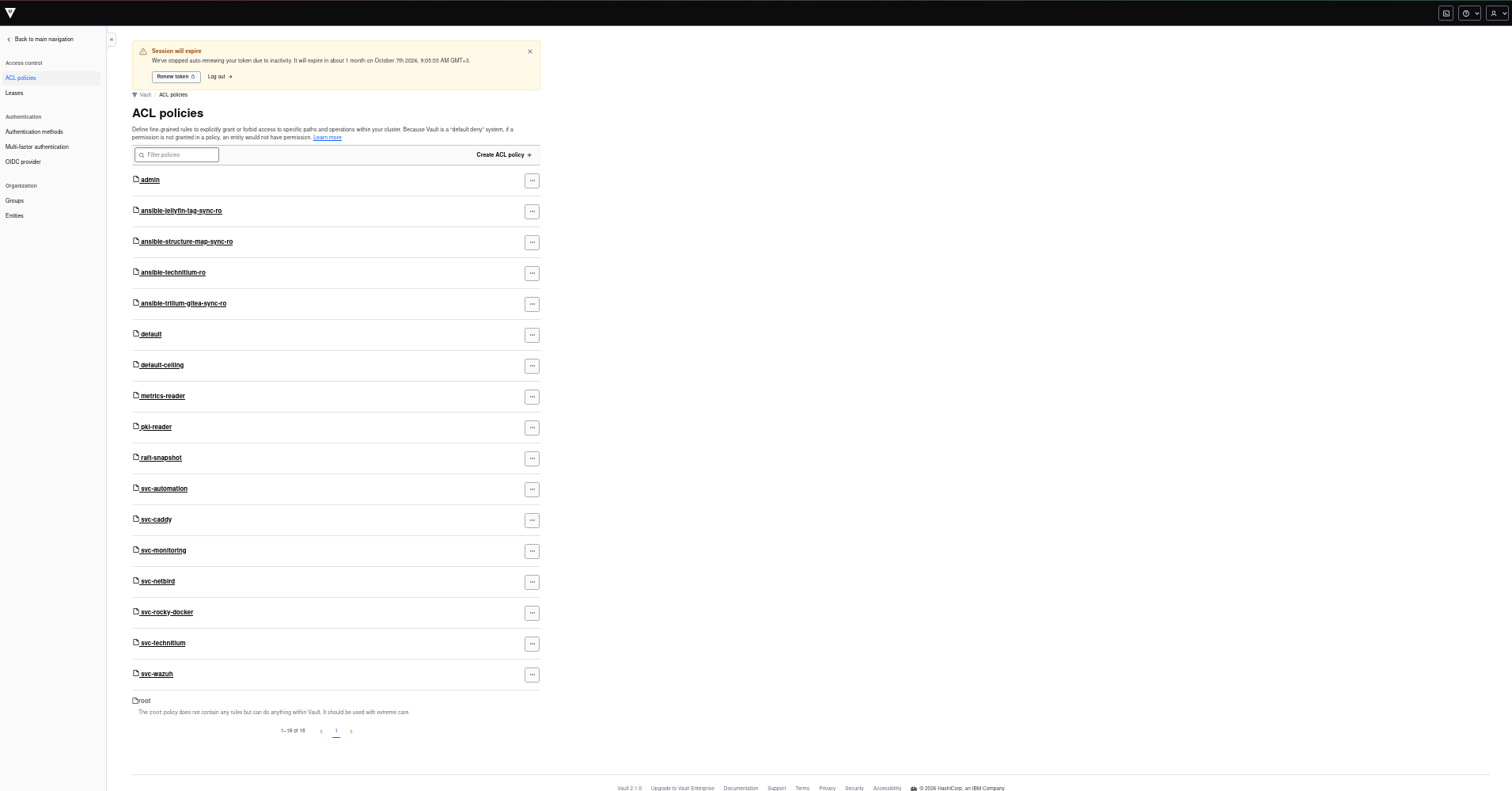 Vault's live ACL policy list — one policy per host, plus the narrowly-scoped read-only utility policies