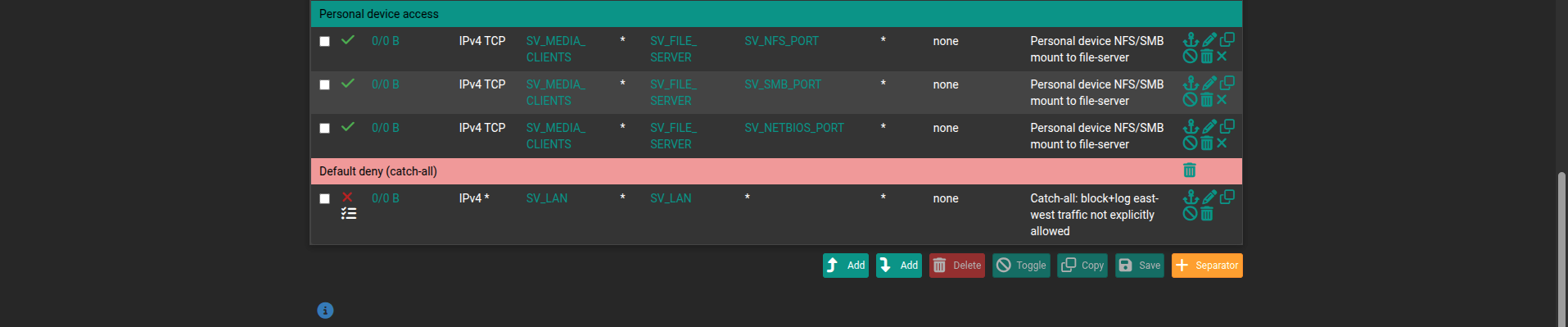pfSense LAN catch-all deny rule: block+log east-west traffic not explicitly allowed