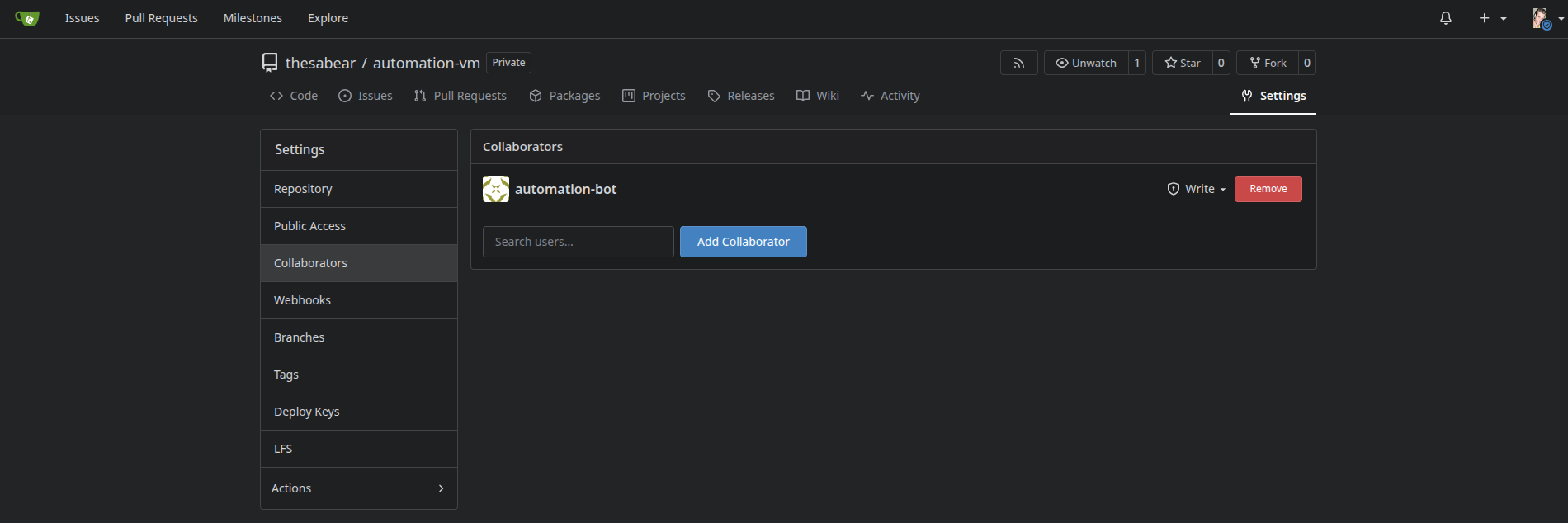 Gitea repo collaborators: automation-bot with Write access, not an admin account