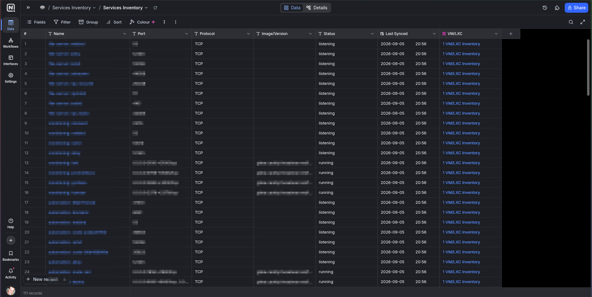 The NocoDB Services Inventory table: 111 rows. Socket-derived rows show status "listening" with no image; container-derived rows show status "running" with an image/version — the ss and docker ps sources stay distinguishable in the data. Every row links to exactly one VM/LXC