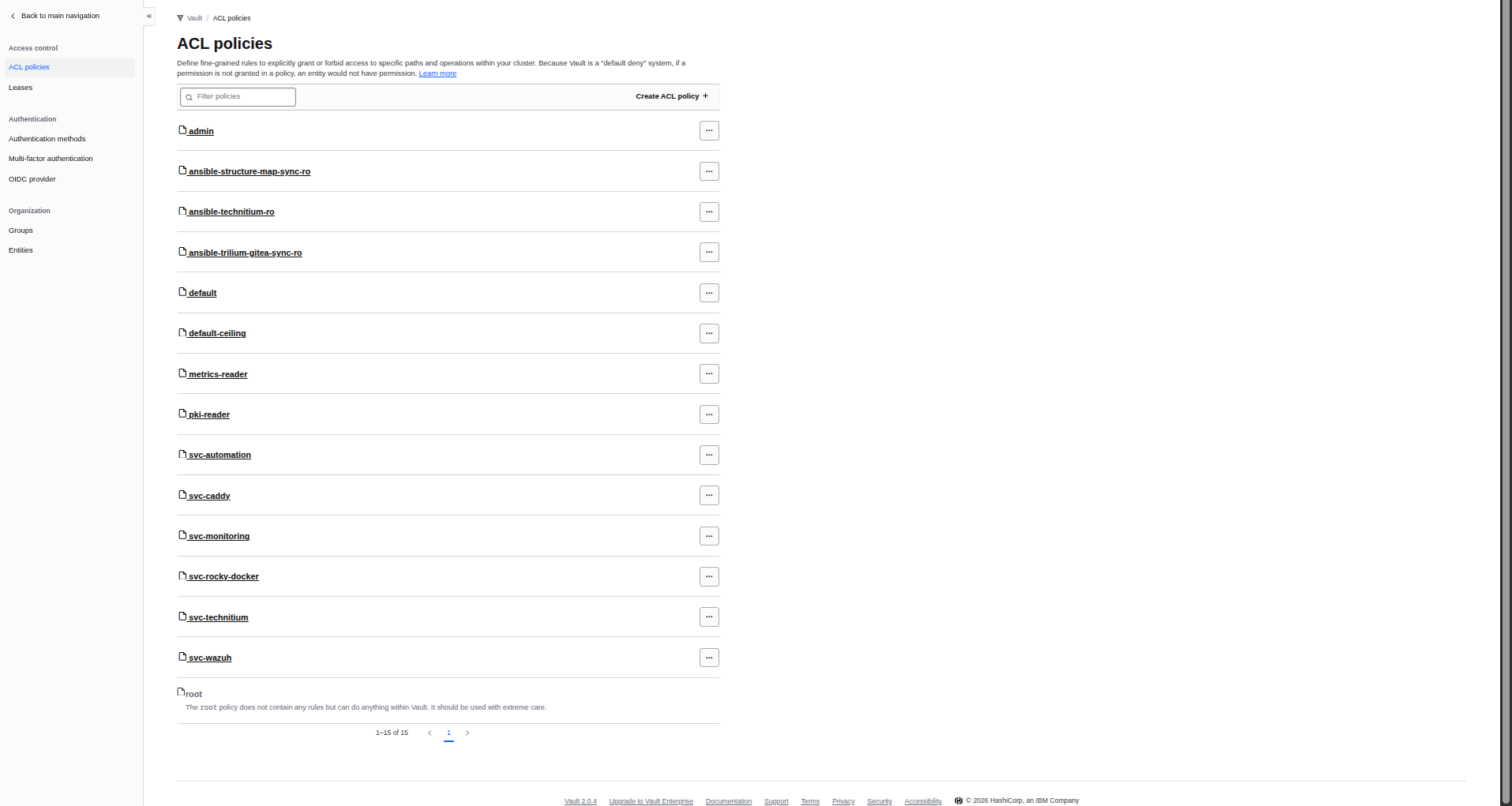 Vault's live ACL policy list — one policy per host, plus the narrowly-scoped read-only utility policies