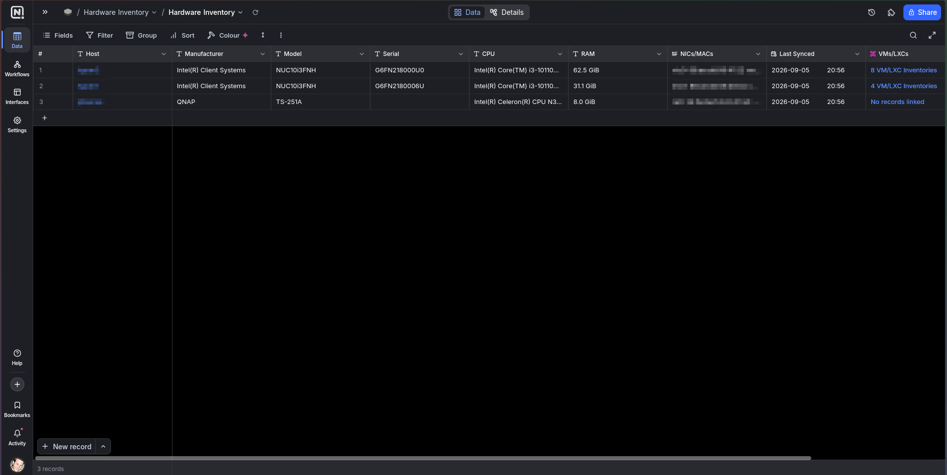 The NocoDB Hardware Inventory table: three physical hosts. The two Intel NUCs carry machine-read manufacturer/model/serial/CPU/RAM; the QNAP row has hand-entered manufacturer and model, a blank serial, but machine-collected CPU and RAM, plus a link out to its guests