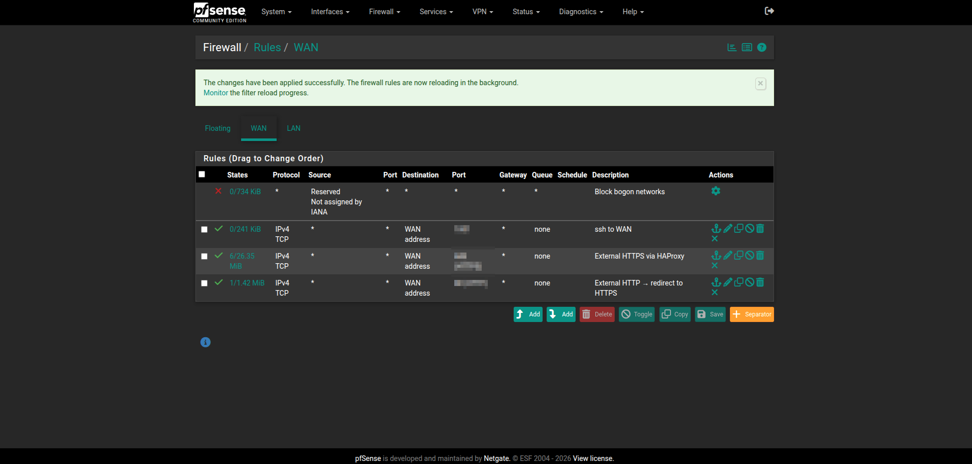 pfSense WAN rules: SSH management, HTTPS via HAProxy, HTTP redirect, bogon block
