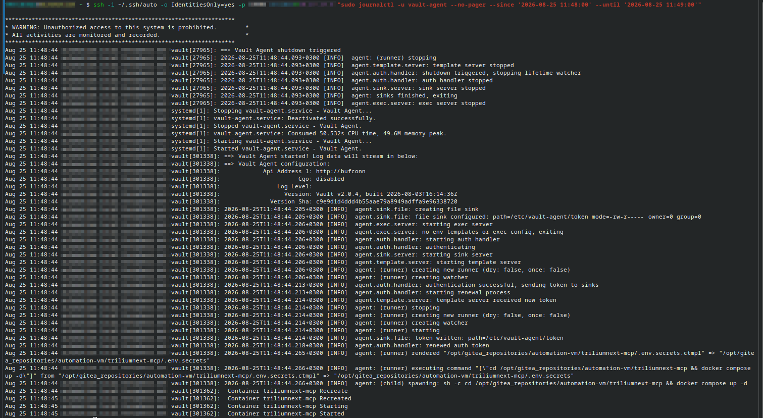 A real Vault Agent restart: authenticates, renders triliumnext-mcp's .env.secrets, then its reload_command runs docker compose up -d, recreating and starting the container
