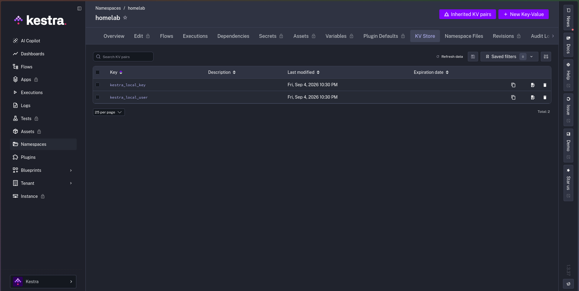 Kestra's homelab-namespace KV Store: exactly two entries, kestra_local_key and kestra_local_user, the dedicated credential every flow's SSH task uses