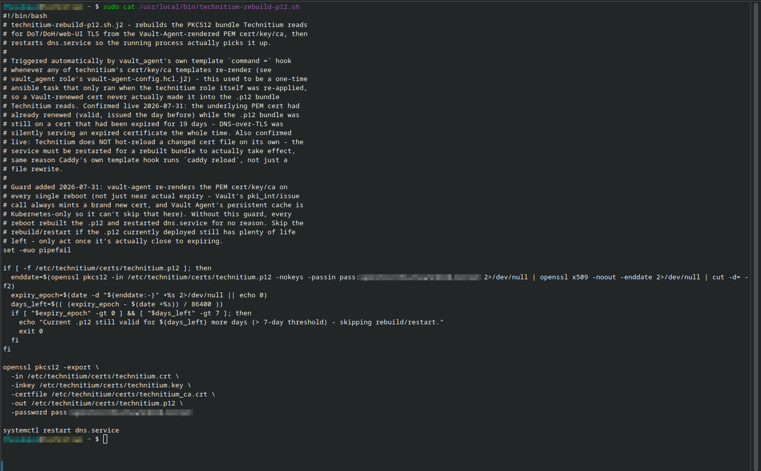 The real technitium-rebuild-p12.sh script: the 19-day-expired-cert incident documented in the script's own comments, the 7-day expiry guard, and the actual PKCS12 rebuild + dns.service restart