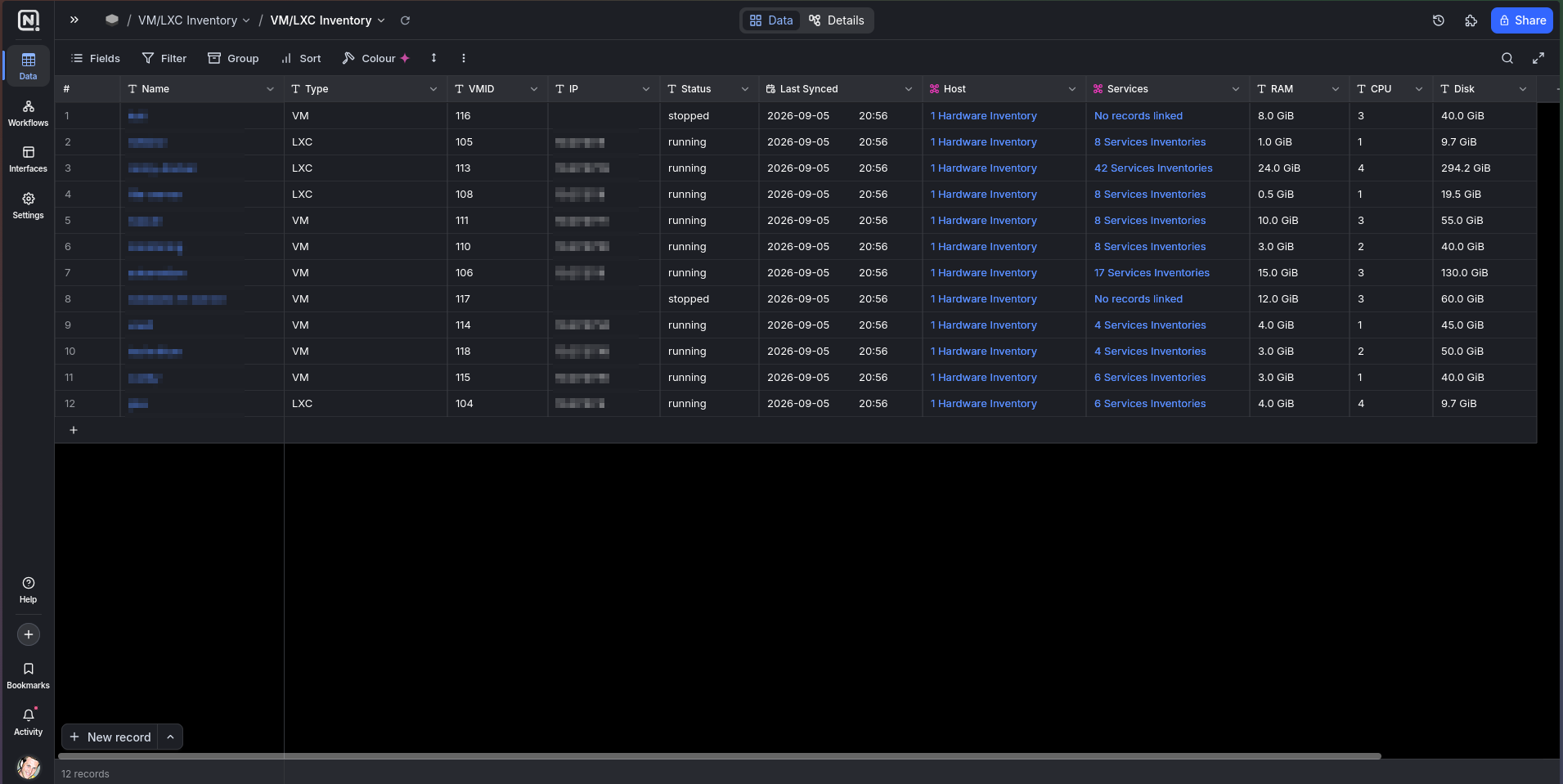 The NocoDB VM/LXC Inventory table: twelve guest rows, VM and LXC types mixed, each with VMID, status, RAM/CPU/disk, a link back to its Proxmox host and a link forward to its services