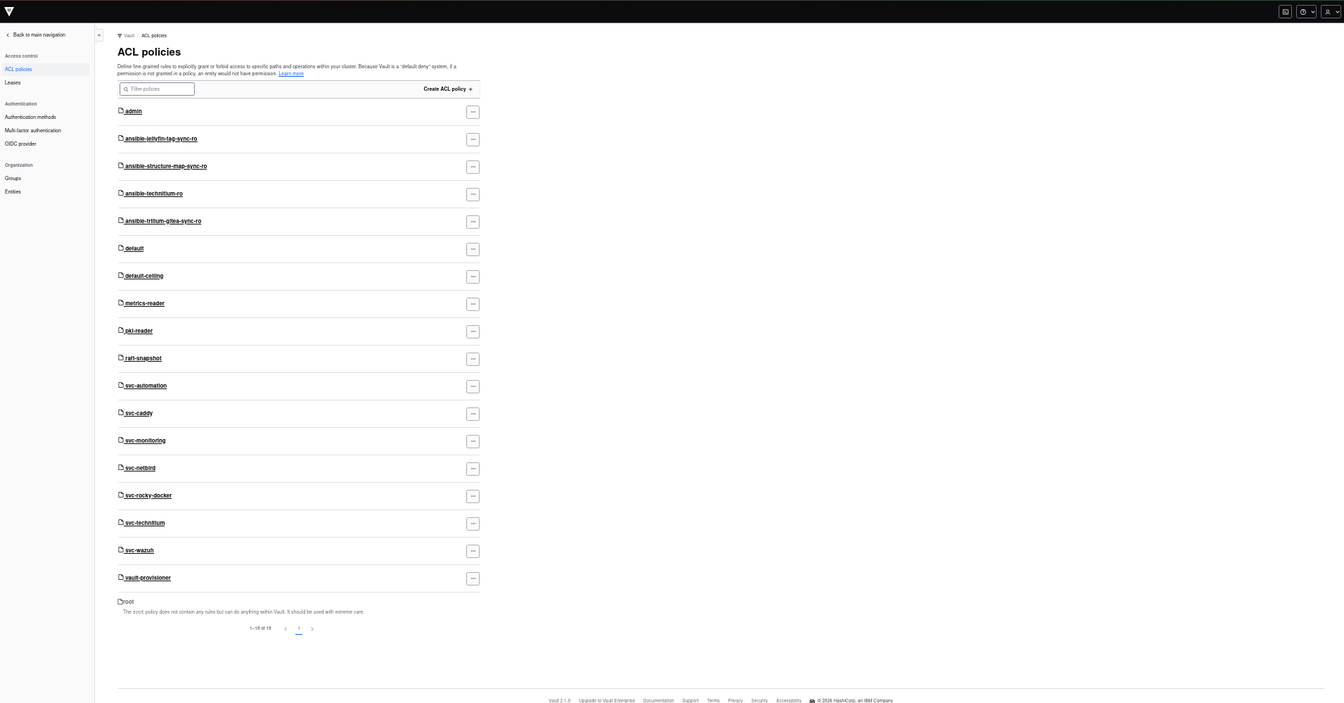 Vault's live ACL policy list — one policy per host, plus the narrowly-scoped read-only utility policies