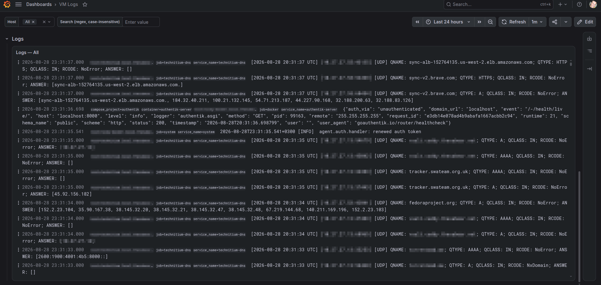 Real Grafana logs view: job=technitium-dns DNS query/answer lines, job=docker container log lines, and a job=system journald line, all in the same log stream