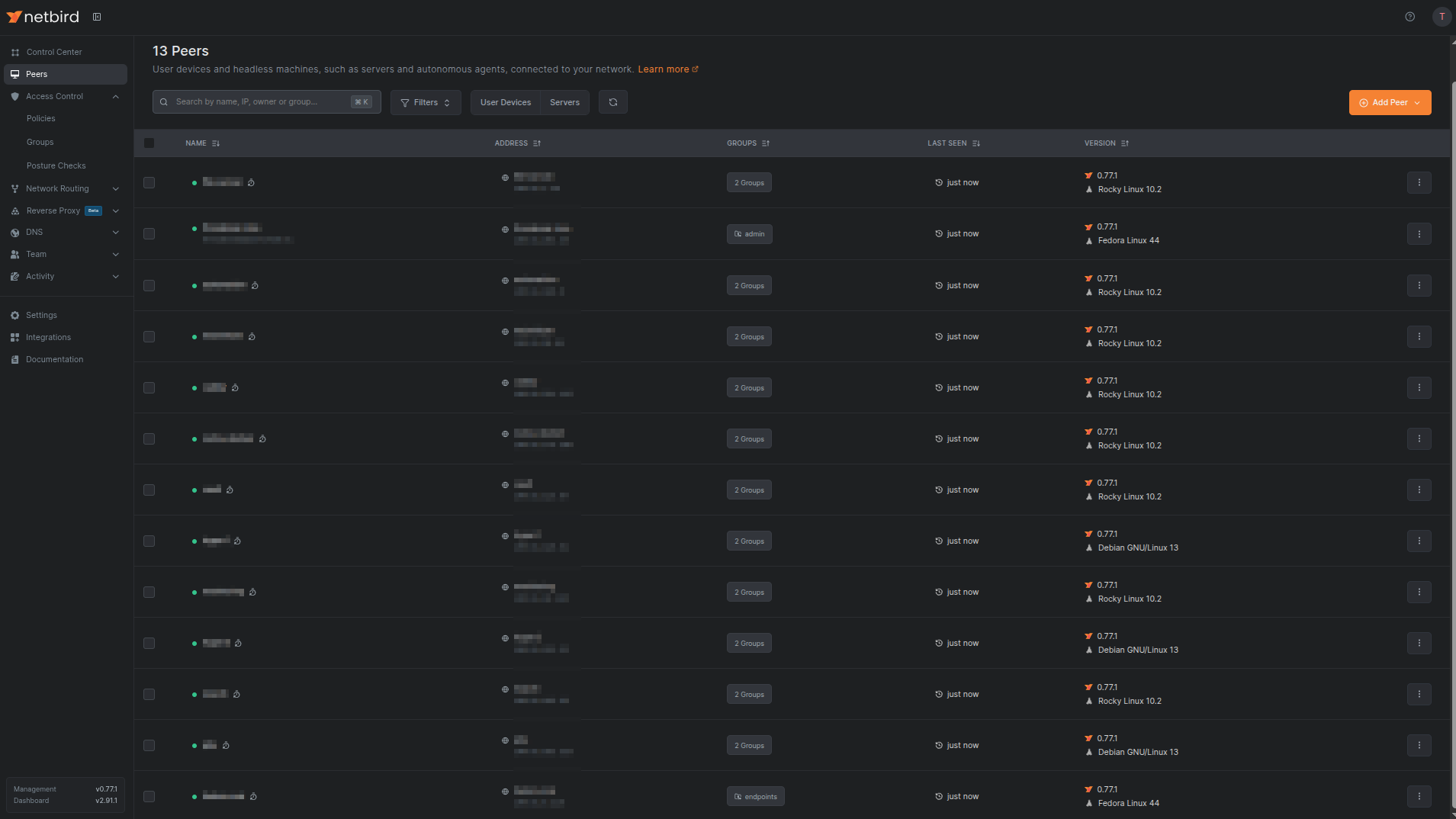 Real NetBird dashboard: connected peers, a mix of fleet hosts and personal devices, each showing its own group membership, agent version, and OS