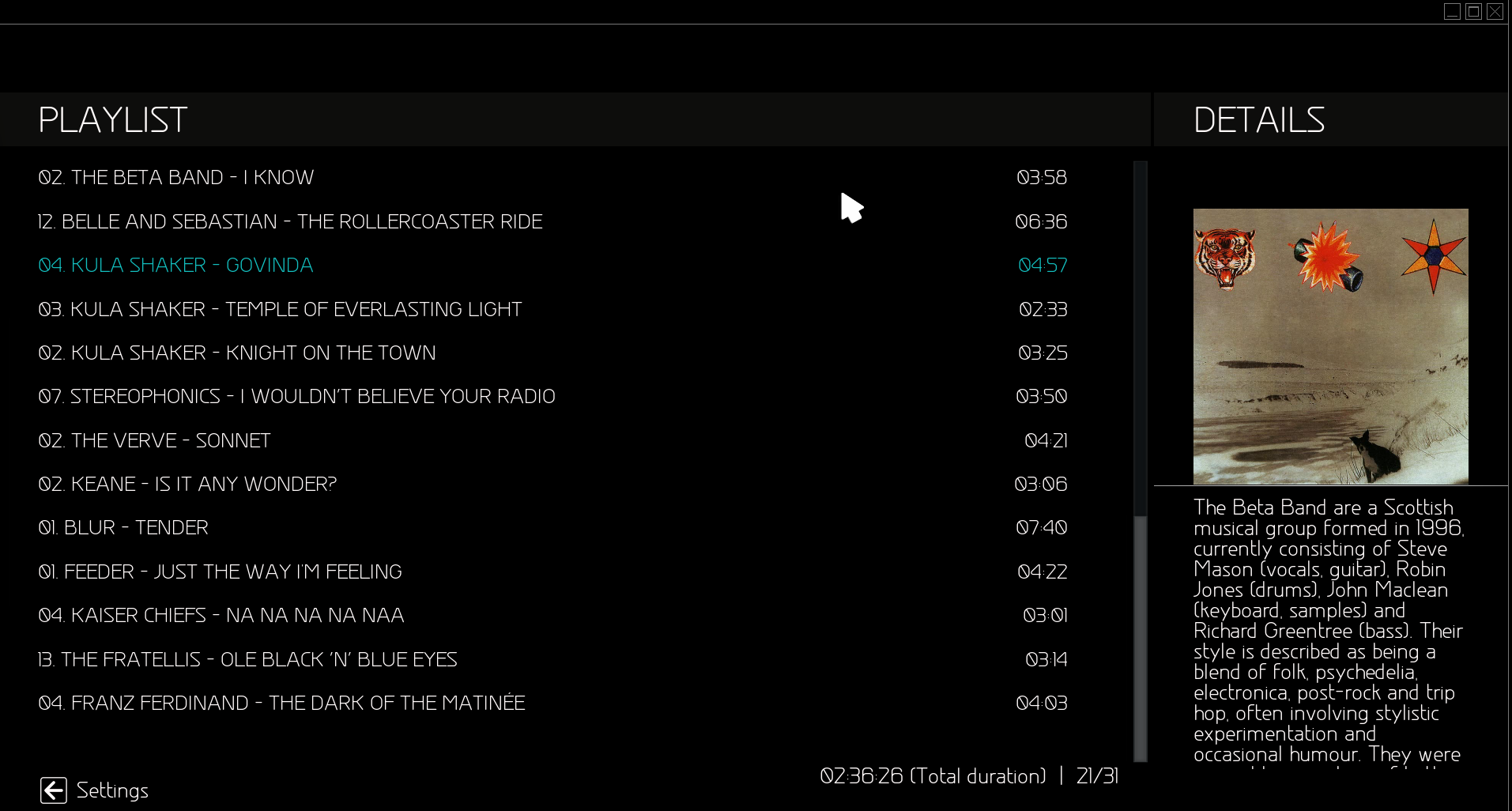 Kodi's playlist view, showing a long auto-queued run of similar indie/alt-rock tracks the bridge added on its own once the queue ran low