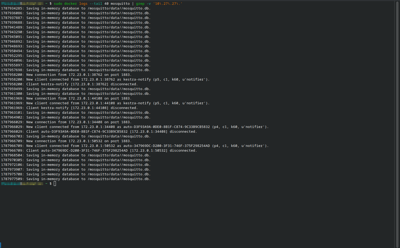 Real Mosquitto container log: a kestra-notify client connecting and disconnecting under the notifier identity, alongside other short-lived notifier connections from fleet hosts, interleaved with periodic in-memory database saves