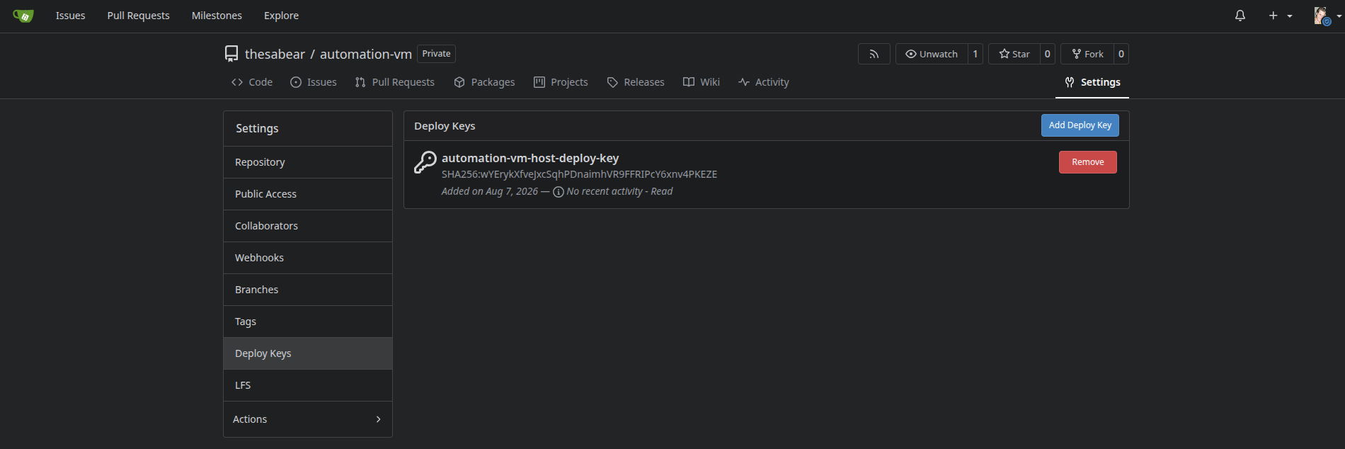 Gitea repo deploy keys: a host-specific key scoped to Read only