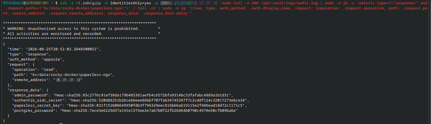 A real Vault audit log entry: a KV read of the paperless-ngx secret, every value shown as hmac-sha256:... instead of plaintext